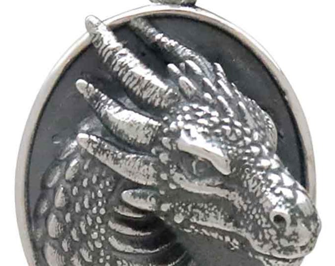 Sterling Silver Oval Dragon Pendant 25x16mm