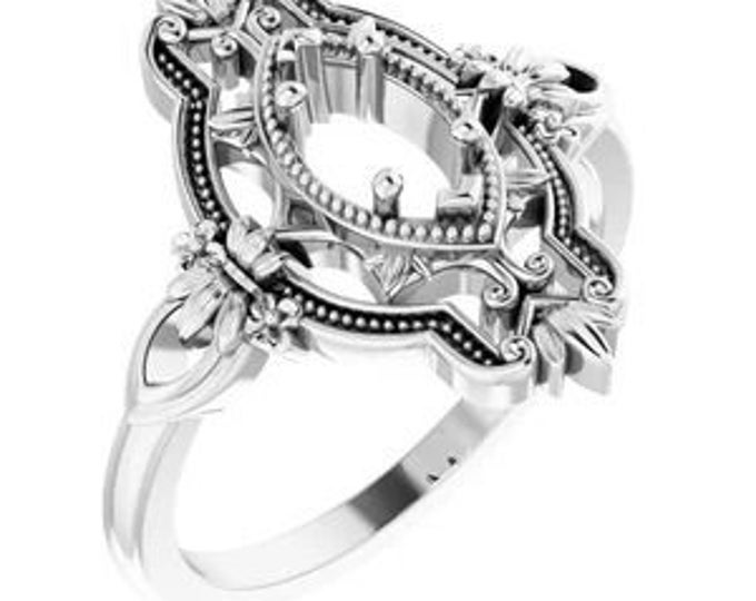 Vintage-inspired marquise ring mounting, available in  14k White Gold or custom-made in your choice of metal.