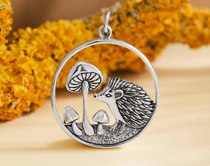 Sterling Silver Hedgehog and Mushroom Charm 29x23mm