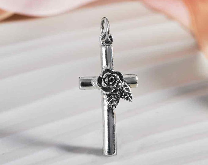 Sterling Silver Cross with Rose Charm 28x12mm