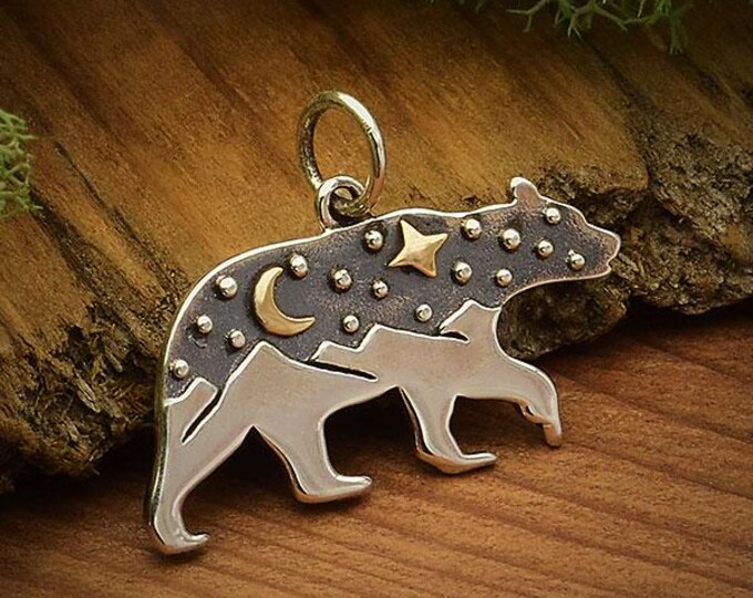 Silver Bear Charm with Mountains and Bronze Moon 16x22mm