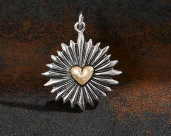 Large Mixed Metal Heart Pendant with Sunrays 27x21mm