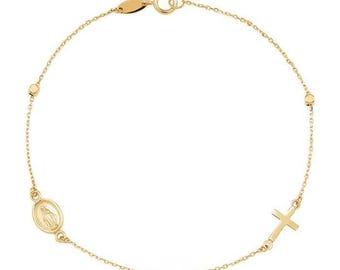14K Yellow Gold Religious Medal Station Bracelet,  7-1/4"