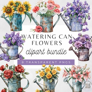 じょうろのクリップアート、花のクリップアートバンドル、ヴィンテージフラワーPNG、水彩画の花、素朴な花のイラスト、カード作り、スクラップブッキング