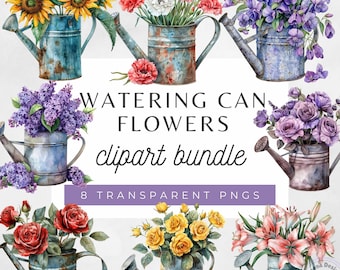 Watering Can Flower Clipart Bundle: Vintage Watercolor PNG (Digital Download)