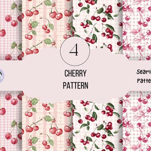 Cherry Pattern Seamless Pattern, Cherry Digital Paper, Cherry Scrapbook Paper, Summer Fruit Patterns, Cute Cherry Fruit Designs