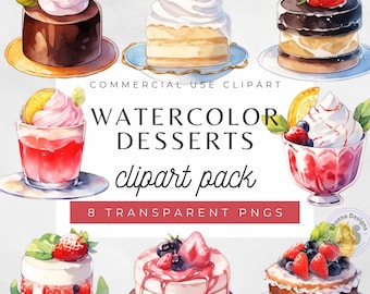 Watercolor Dessert Clipart Bundle: Cake & Pastry Illustrations (Digital Download)