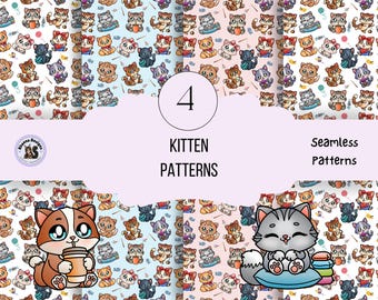 Kitten Seamless Pattern, Playful Cat Digital Paper (12x12, 300 DPI) (PNG)