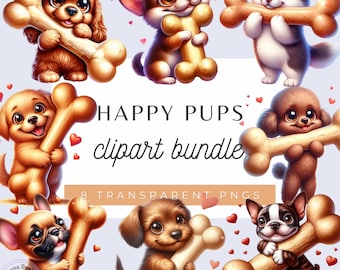Könnte beinhalten: Ein digitales Clipart-Bundle mit acht Cartoon-Welpen, die jeweils einen Knochen halten. Die Welpen haben verschiedene Farben, darunter Braun, Beige und Weiß, mit großen Augen und fröhlichen Ausdrücken. Der Text "HAPPY PUPS clipart bundle" ist ebenfalls enthalten.