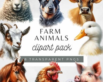 Clipart animaux de la ferme : ensemble PNG de style aquarelle (téléchargement numérique)