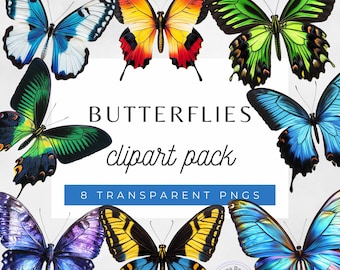 Paquete de imágenes prediseñadas de mariposas: 8 ilustraciones de insectos en formato PNG (descarga digital)