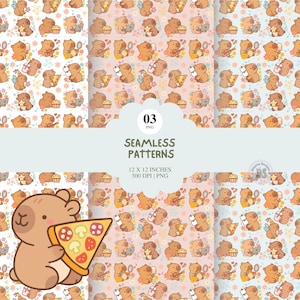 May include: A collection of seamless patterns featuring cartoon bears in various poses. The bears are depicted with musical instruments, pizza, and cupcakes. The patterns are 12 x 12 inches and 300 DPI. The image includes the text "03 PNG" and "SEAMLESS PATTERNS".