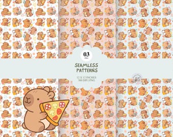 Kawaii Capybara Seamless Pattern: Pizza & Bubble Tea Design (PNG Digital Download)