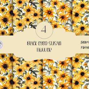 May include: Four seamless patterns featuring black-eyed Susan flowers in shades of yellow and orange with dark centers and green leaves. The patterns are displayed on a light beige background. Text includes "4", "Black-Eyed Susan Flower", and "Seamless Patterns".