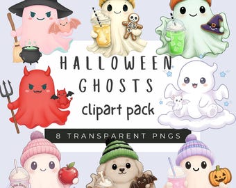 Pastel Halloween Ghosts Clipart: Kawaii PNG Illustrations (Digital Download)