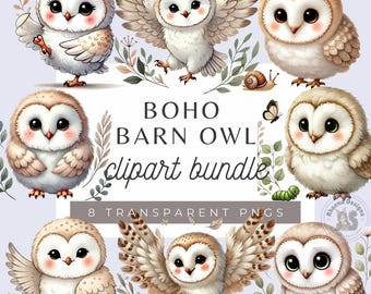 Bundle de cliparts Boho Effraie des cloches, aquarelle animaux de la forêt (téléchargement numérique)