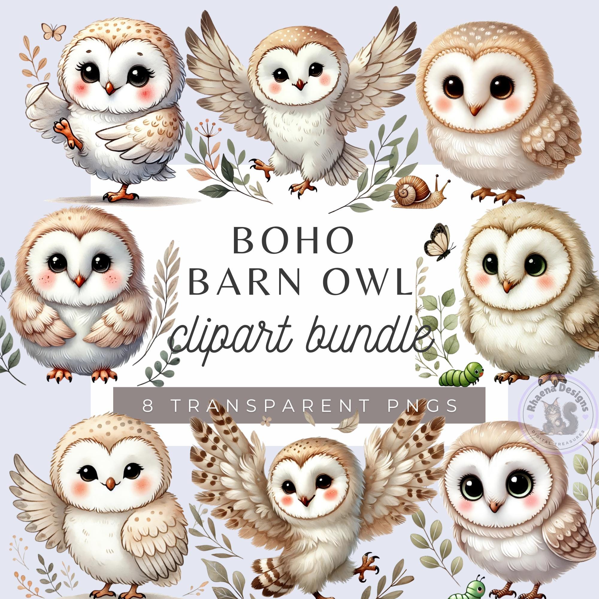 Owl Clipart, Boho Barn Owl, Woodland Animals, Digital Crafting, Bird Clipart, Cute Owl Clipart, Card