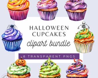 Halloween Cupcake Clipart: Spooky Watercolor Treats (Digital Download PNGs)