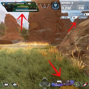 May include: A screenshot of a video game, Apex Legends, showing a player's perspective of the game. The player is in a rocky, desert-like environment with a large rock formation in the background. The player's health and shield are displayed in the lower right corner of the screen, along with the number of squads left in the game. The player's current rank and RP are displayed in the upper right corner of the screen.