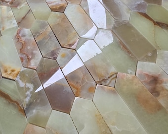 Mosaico hexagonal largo de mármol - Piedra natural verde, naranja y blanca