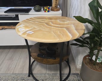 Natural Honey Onyx Side Table – Round Layered Stone Top with Black Steel Frame