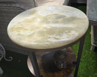 Golden Green Earth Onyx Side Table – Compact Round Stone Top
