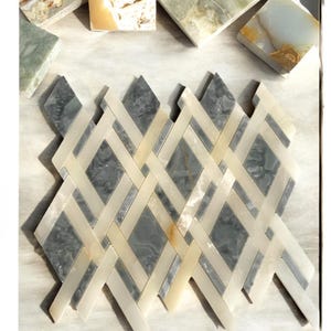 Diamond Fence Mosaic Wall Tiles – Grey & White Natural Stone | Geometric Elegance