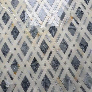 Diamond Fence Mosaic Wall Tiles – Grey & White Natural Stone | Geometric Elegance