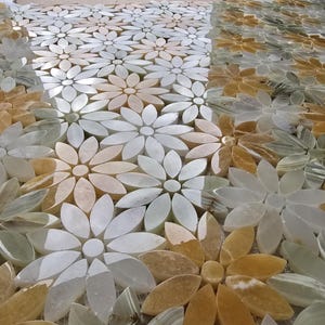 Daisy Mosaic Wall Tiles – White, Orange & Green Natural Stone | Floral