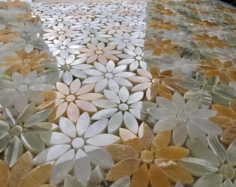 Daisy Mosaic Wall Tiles – White, Orange & Green Natural Stone | Floral