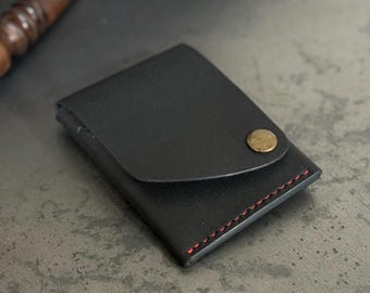 Handmade Black Leather Wallet, Slim Snap Closure Card Holder, Full Vegetal Leather, Minimalist Leather Wallet, Birthday Gift