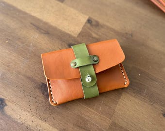 Bifold Leather Wallet, Handmade Flap Card Holder with Strap Closure, Two Tone Design, Compact, Rustic & Hand-Stitched, Birthday Gift