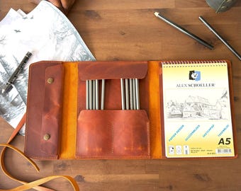 Handmade Leather Sketchbook Cover A5, Artist Drawing Pad Case with Pencil Slots, Personalized Leather Sketchbook Cover, Artists Gift