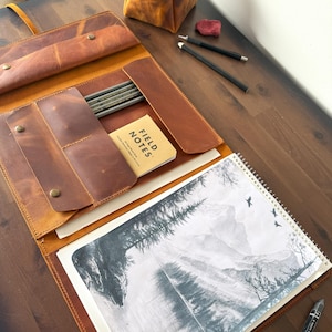 Copertina per album da disegno in pelle fatta a mano, formato A4, organizer in pelle per album da disegno, kit da disegno fatto a mano, cartella da viaggio artistica, regalo per illustratori
