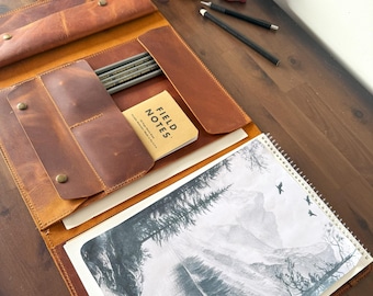 Handmade Leather Sketchbook Cover A4, Leather Sketchbook Organizer, Handmade Drawing Kit, Art Travel Folder, Gift For Illustrator