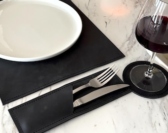 Personalized Placemat, Leather Dinner Placemat Set, Distressed Leather Placemat, Leather Cutlery Holder, Leather Coaster, Luxury Table Mat