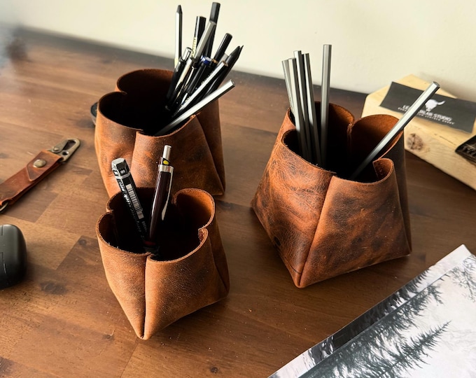 Handmade Leather Desk Organizer, Rustic Pencil Cup, Plant Pot, Catchall Tray, Personalized Leather Storage Bin, Office Essentials