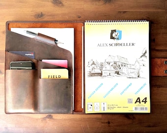 Leather A4 Sketchbook Cover, Multi-Insert Refillable Notebook Case with Pen Loop & Card Slots, Artist Gift, Leather Sketchbook Organizer