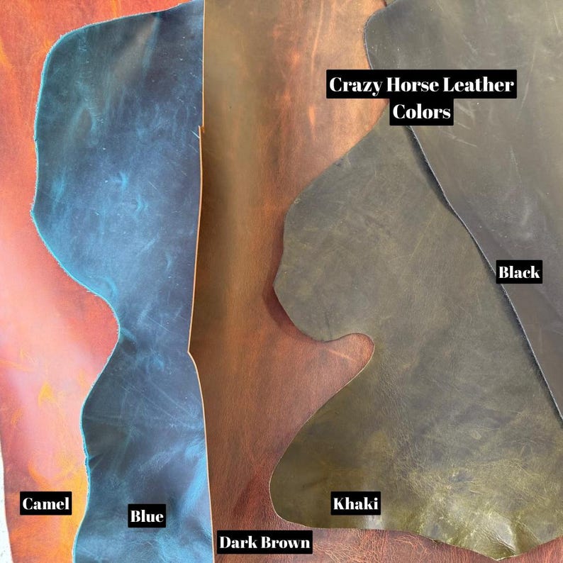 Peut inclure: Gros plan sur des &eacute;chantillons de cuir Crazy Horse de diff&eacute;rentes couleurs. Les couleurs incluent camel, bleu, marron fonc&eacute;, kaki et noir. Le cuir a un aspect vieilli et textur&eacute;.