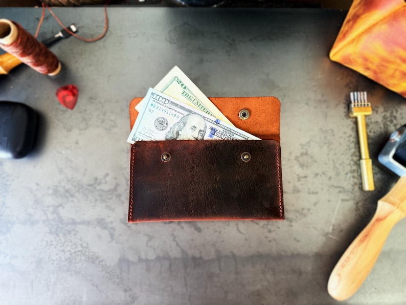 Handmade Leather Cash Envelope, Rustic Wallet for Bills & Notes, Snap ...
