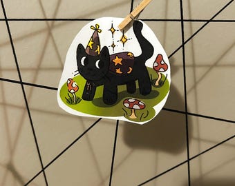 Pegatina de gatito mágico / Gato hongo mago / Troquelado impermeable / Ilustración / Pequeño artista / Dibujado a mano