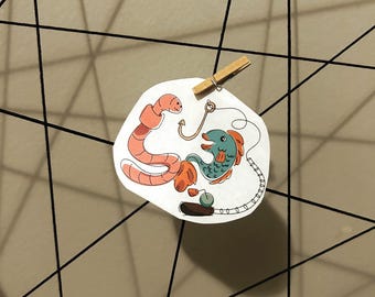 Pegatina de pez y gusano / Pegatina de pesca / Troquelada a prueba de agua / Ilustración / Pequeño artista / Dibujado a mano