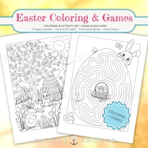 May include: Two-page Easter colouring and activity set. One page features a tree, Easter eggs, bunnies, and chicks. The other page is an egg-shaped maze with a basket of eggs and a bunny. Includes the text "Easter Colouring & Games".