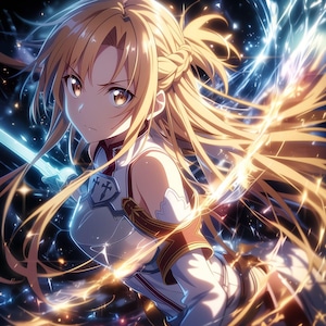 May include: Anime-style illustration of a female character with long blonde hair, wearing white and brown armor, and holding a glowing sword. The background features a starry night sky with streaks of light.