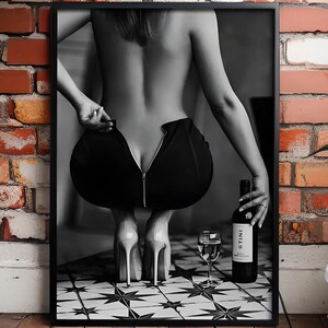Woman Drinking Wine Poster, Black and White Fashion Wall Art, Bar Cart Decor, Feminist Bedroom Print, Sensual Woman Canvas, Ready To Hang