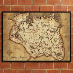 Lienzo con mapa de Skyrim: arte mural de The Elder Scrolls Tamriel, póster vintage de juego de fantasía, impresión de la Provincia de Skyrim, regalo para decoración de habitación de gamer