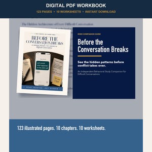 Puede incluir: Un libro de trabajo digital en PDF titulado Before the Conversation Breaks, que contiene 123 páginas, 10 capítulos y 10 hojas de trabajo. La portada muestra un teléfono inteligente con una conversación de texto, un bloc de notas y una nota adhesiva amarilla.