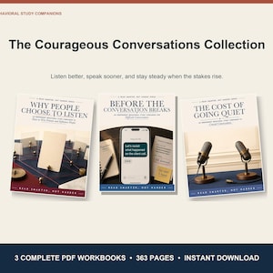 Puede incluir: La colección Courageous Conversations incluye tres libros de trabajo en PDF titulados Why People Choose to Listen, Before the Conversation Breaks y The Cost of Going Quiet. Estas guías digitales presentan texto, ilustraciones de micrófonos y un teléfono inteligente.
