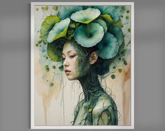 Botanical Nature Goddess – Digital Fantasy Wall Art | Green Woman Illustration | Mystical Plant Art | Printable Art | Digital Download