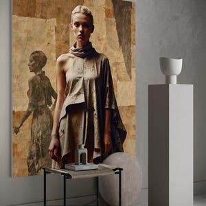 Könnte beinhalten: Eine Frau in einem drapierten, taupefarbenen Kleid steht vor einem großen abstrakten Kunstwerk. Ein kleiner Tisch mit gewebter Oberseite und schwarzen Metallbeinen trägt ein Buch und ein dekoratives Objekt. Eine weiße Vase steht auf einem hohen, quadratischen Sockel.